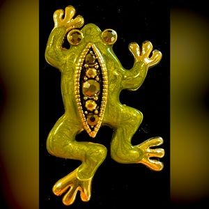 Swarovski Frog Brooch with green marbling and silver tones and Rhinestones